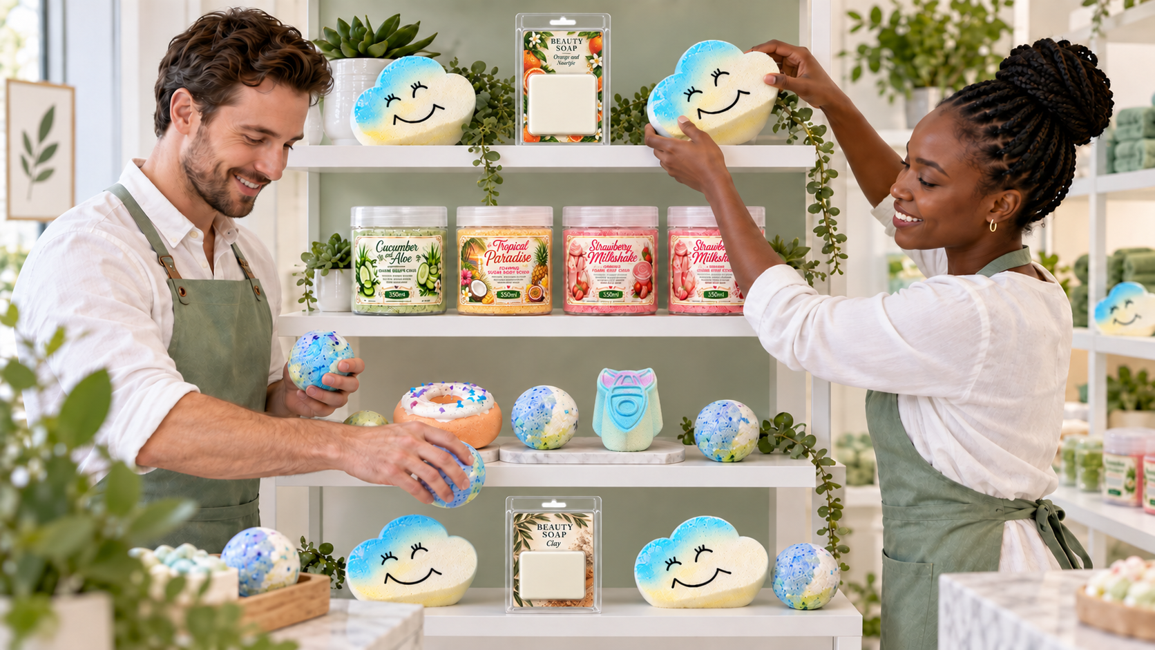 Two shopkeepers arranging BathBombs products on shop shelves